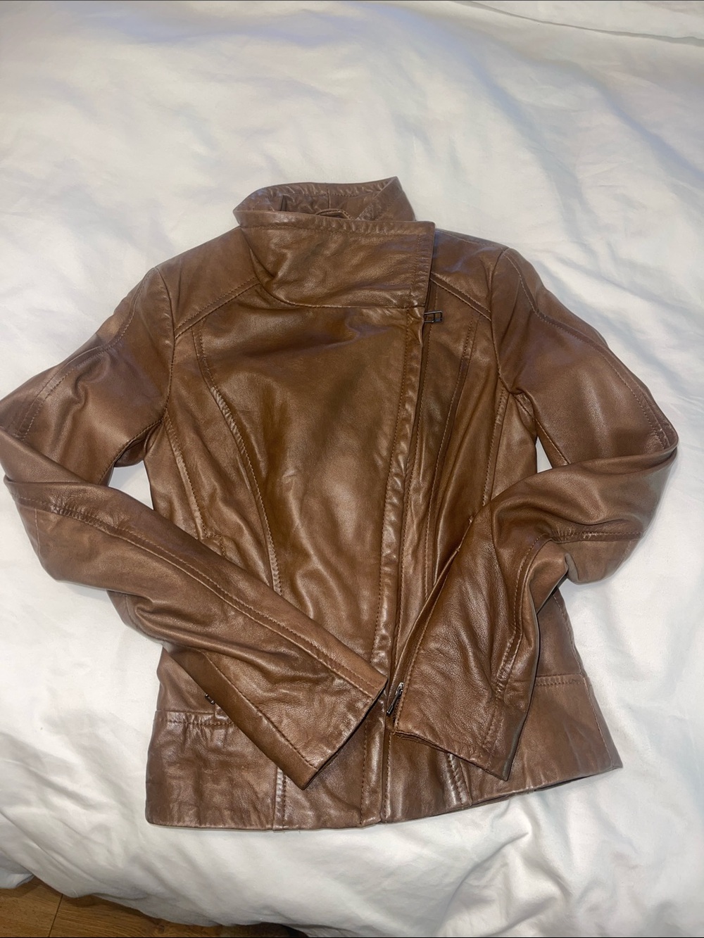 Link Brown Leather Asymmetrical Moto Jacket